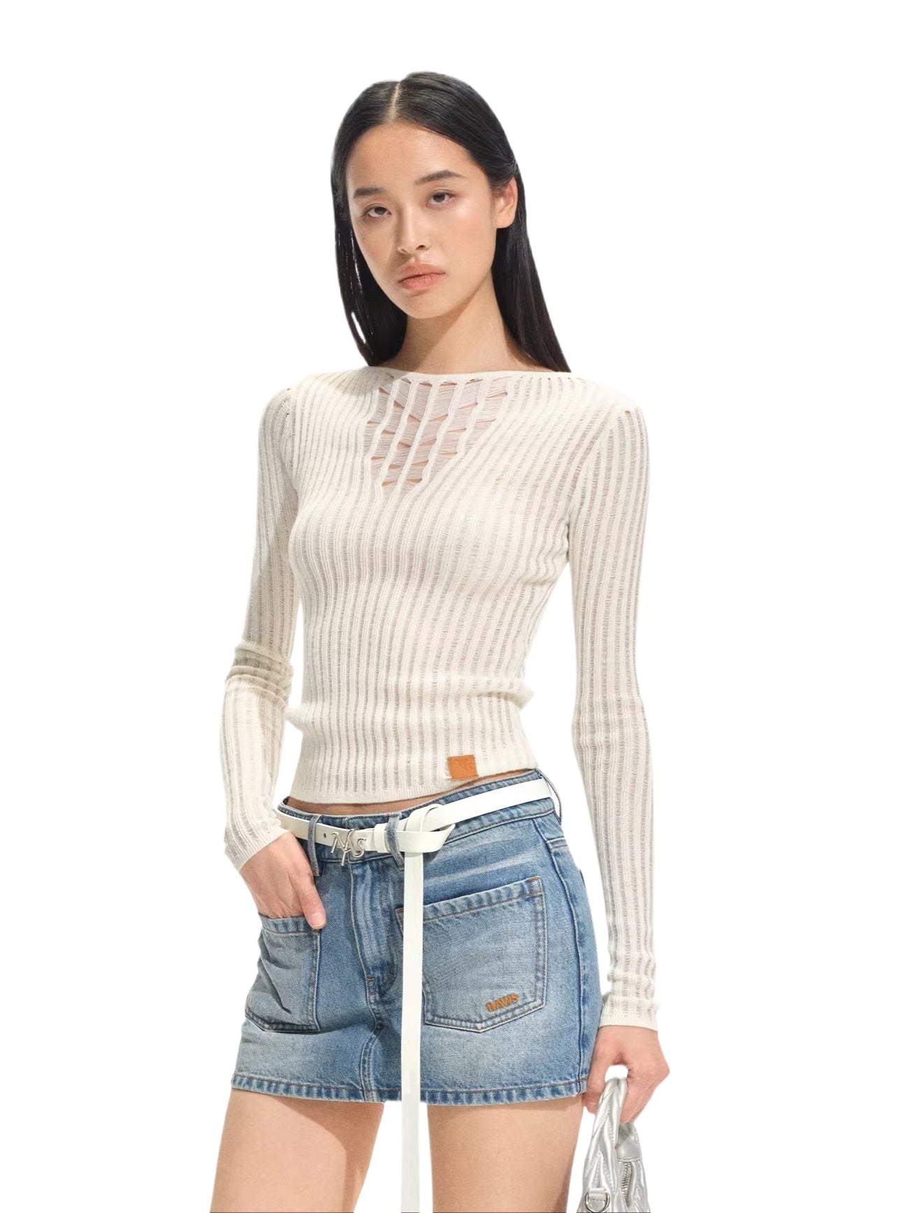 "Blue Ridge" V-Neck Openwork Knit Top