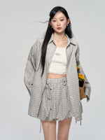 Khaki & Black Retro Check Shirt & Skirt Set