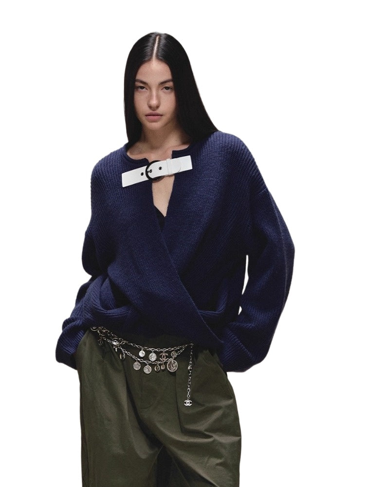 Wool V-Neck Buckle-Panel Sweater