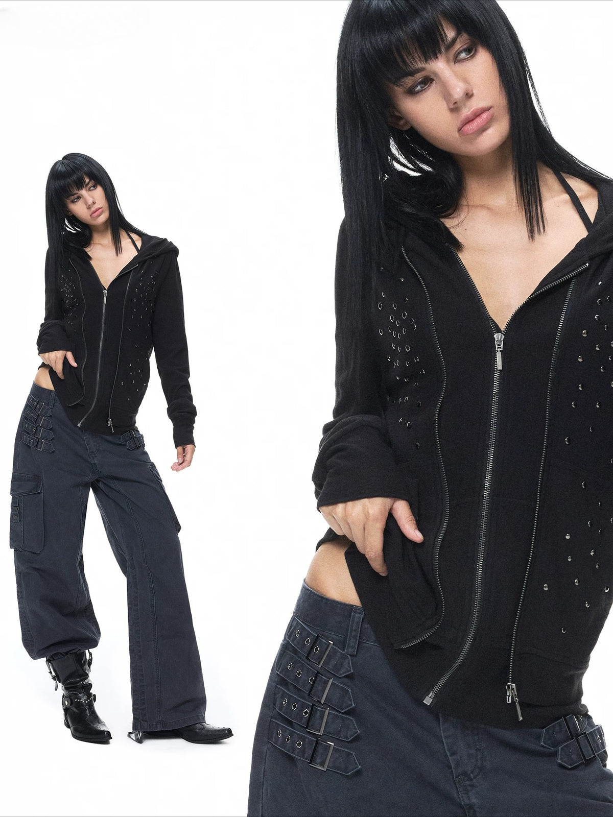 Black Studded Stripe Zip Hoodie