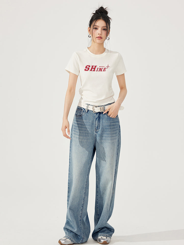 Letter Embroidered High-Elasticity T-Shirt
