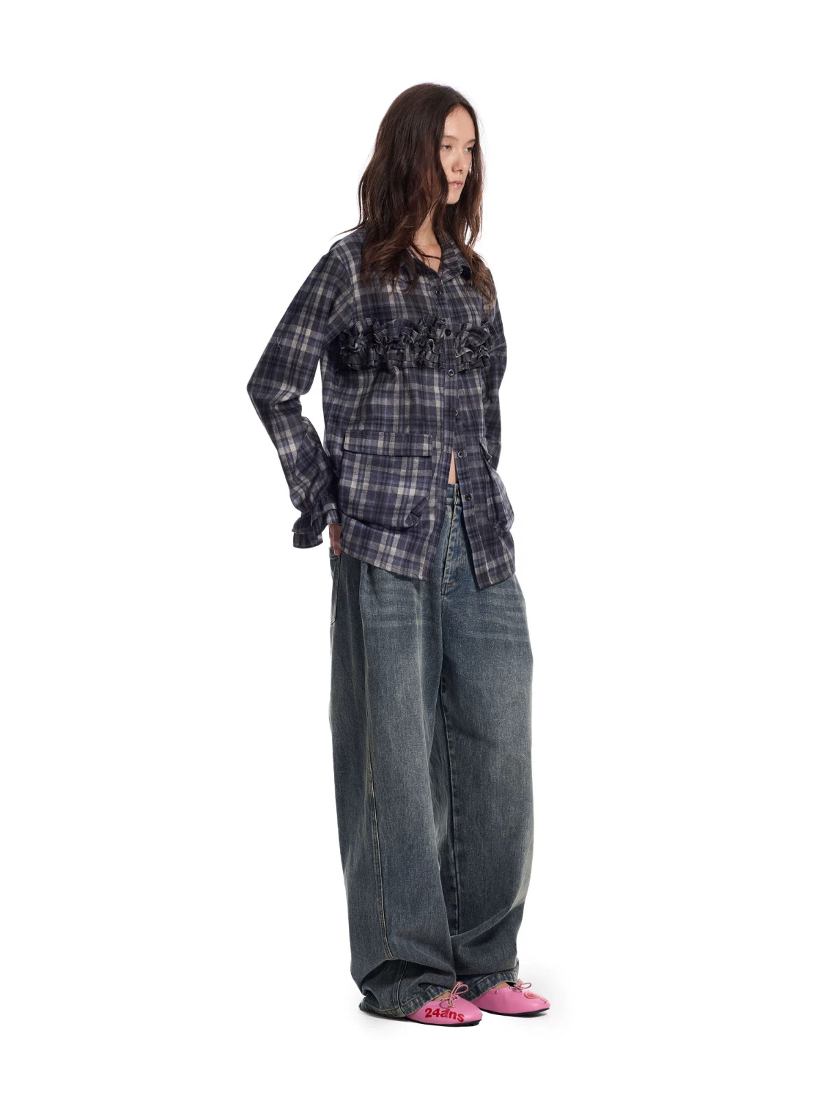 Brushed Plaid Ruffle Pocket Shirt