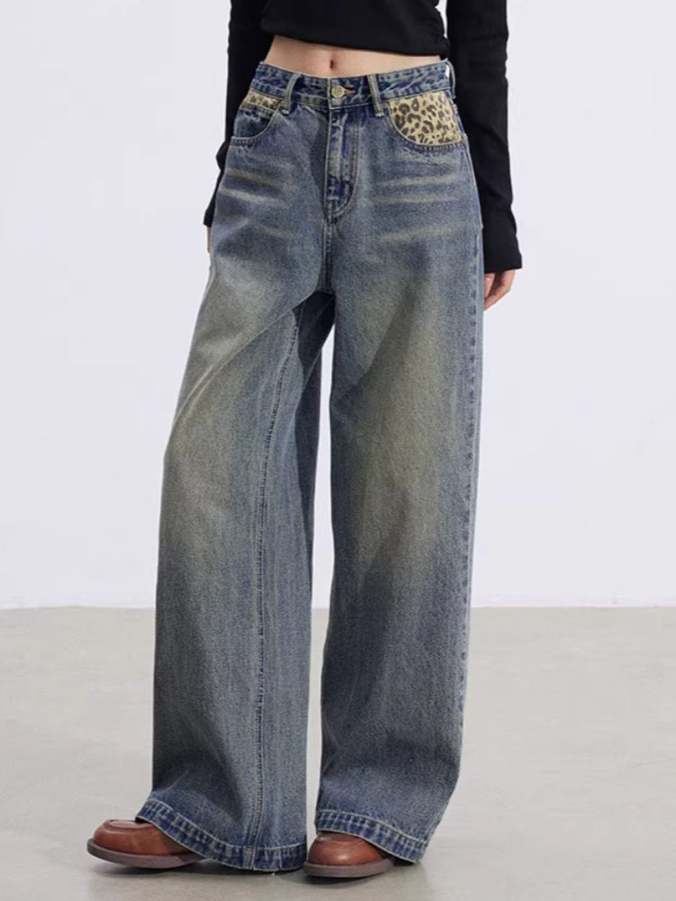 Leopard Patchwork Wide-Leg Jeans