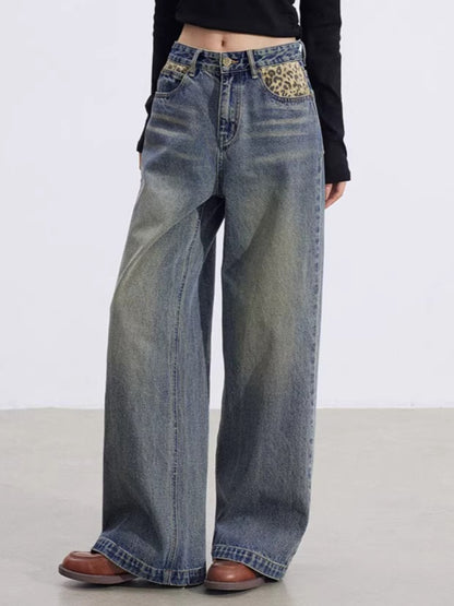 Leopard Patchwork Wide-Leg Jeans