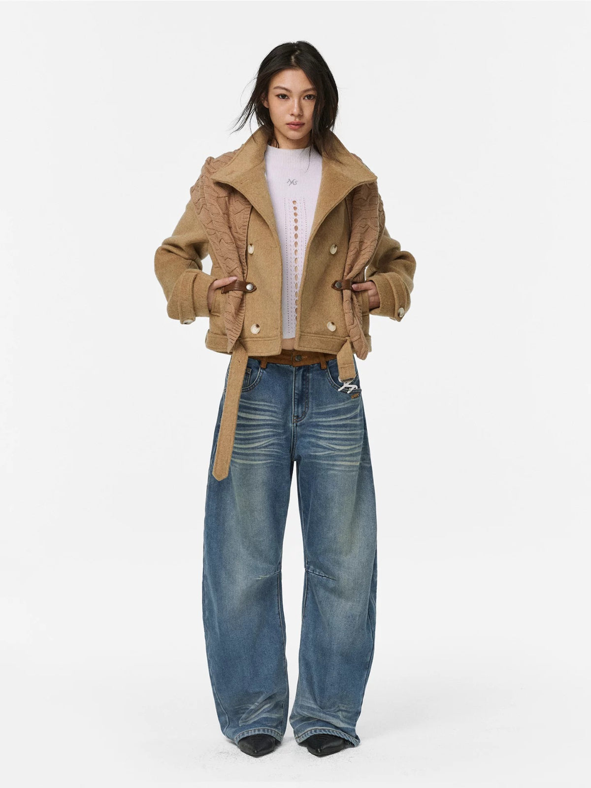 Faux Suede Waistband Barrel Jeans