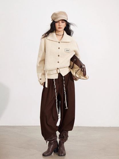 Black &amp; Brown Belted Wool Wide-Leg Pants