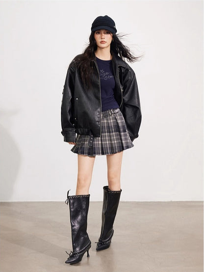 Plaid &amp; Brown Wool Pleated Mini Skirt