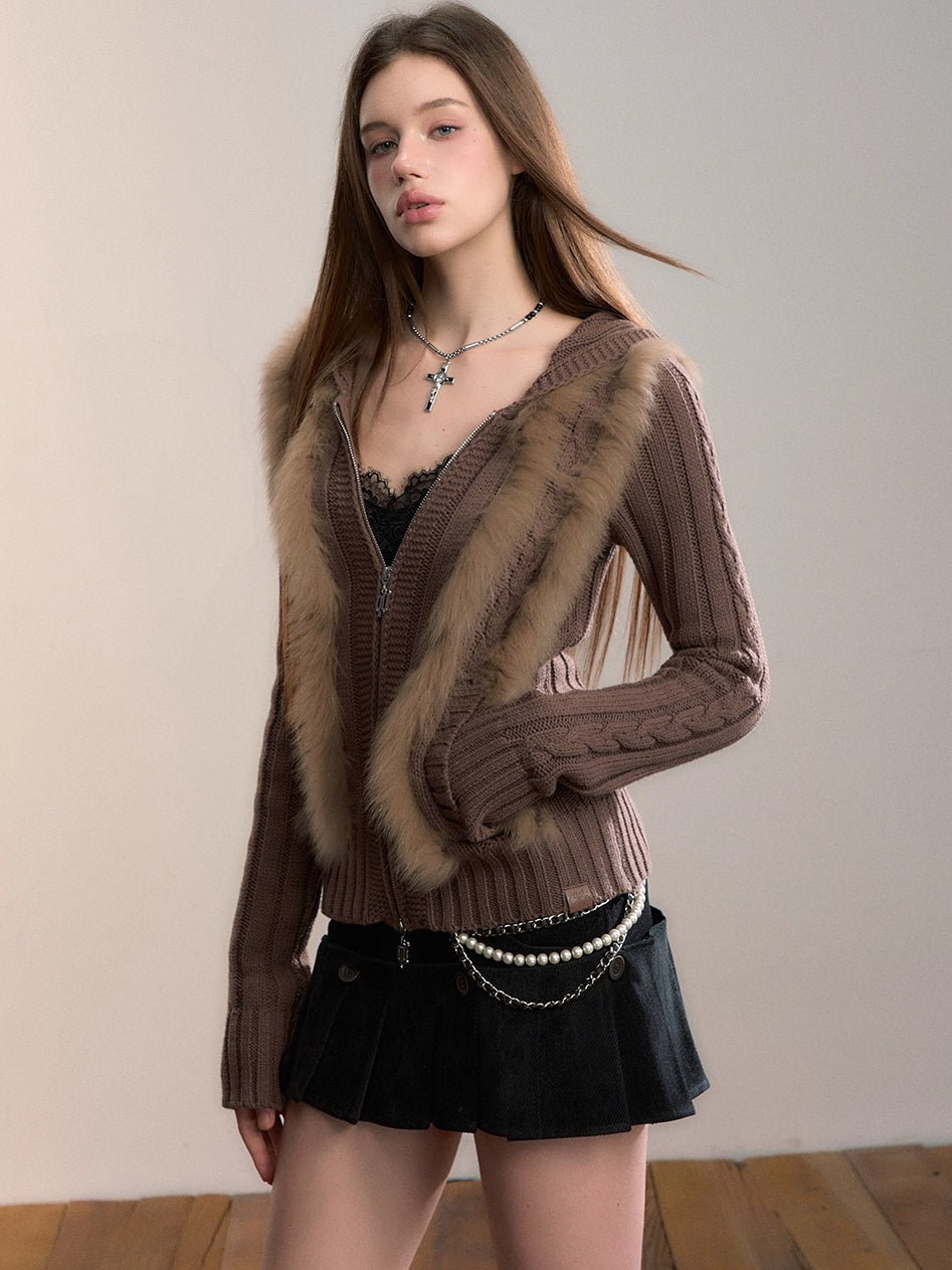 Fox Trim Hooded Knit Cardigan