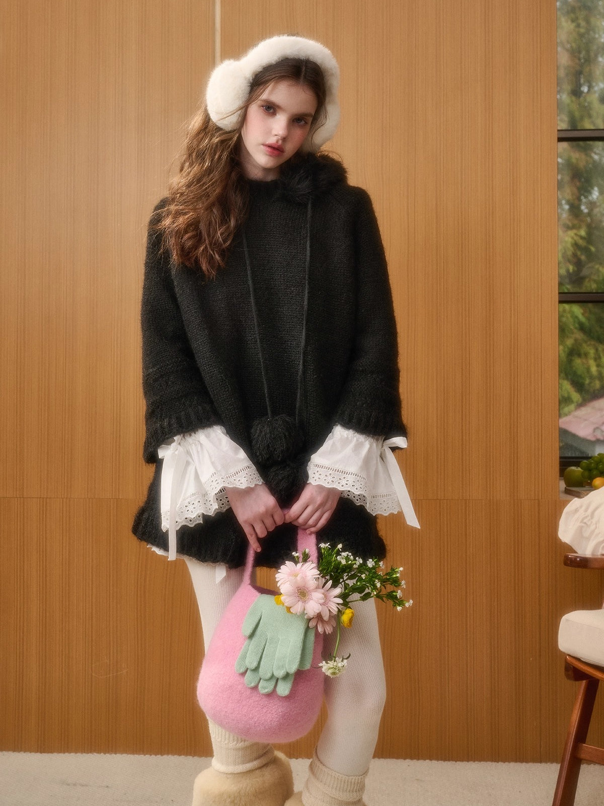 Hooded Faux-Fur Knit Cape Dress