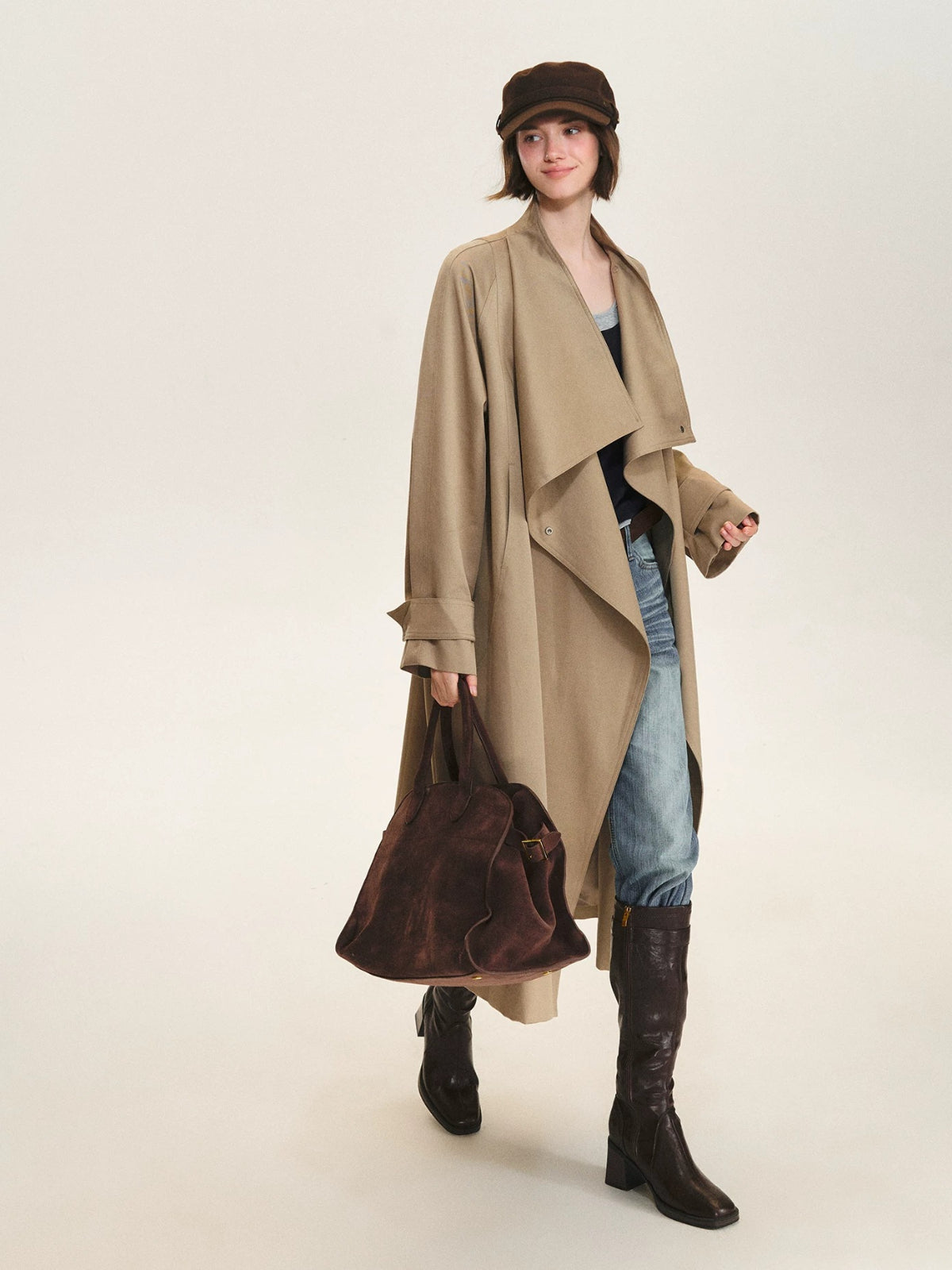 Khaki Waterfall Collar Trench Coat