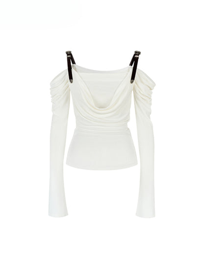 Draped Neck Leather Strap Acetate One-shoulder T-shirt