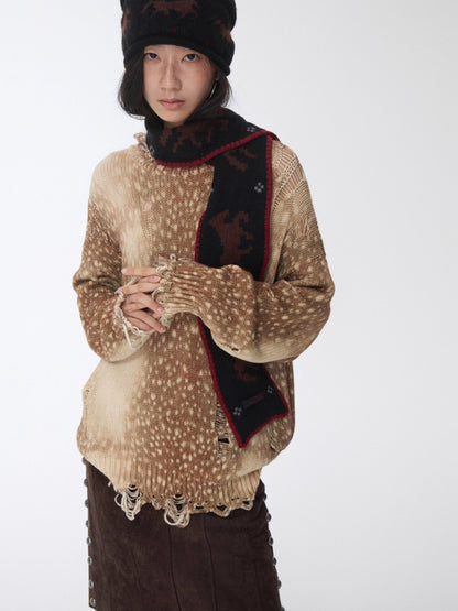 Vintage Deer Print Distressed Knit Sweater