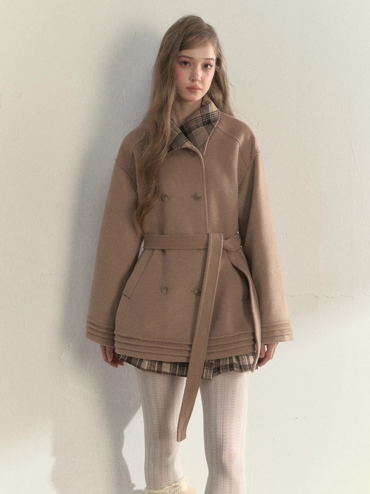 Plaid-Collar Double-Breasted Wool Coat