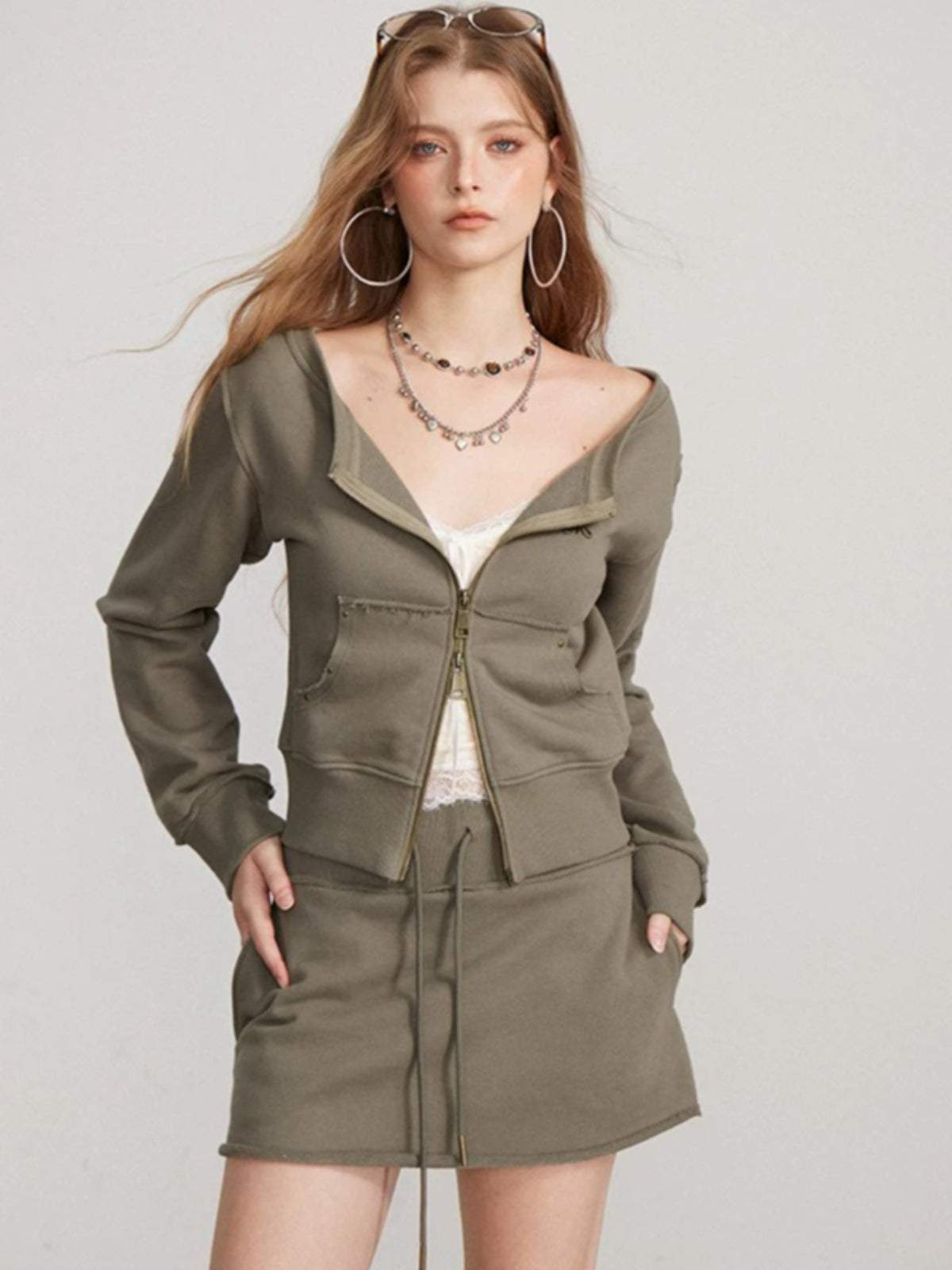 Zip Sweatshirt Skirt Two Piece Set