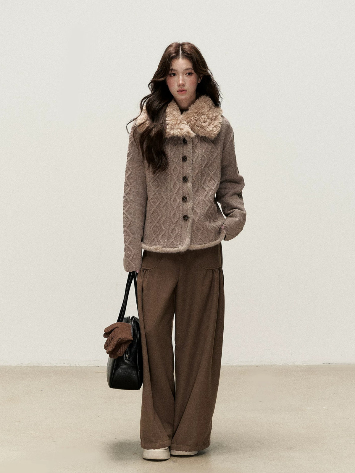 Faux Fur Collar Cable Knit Cardigan