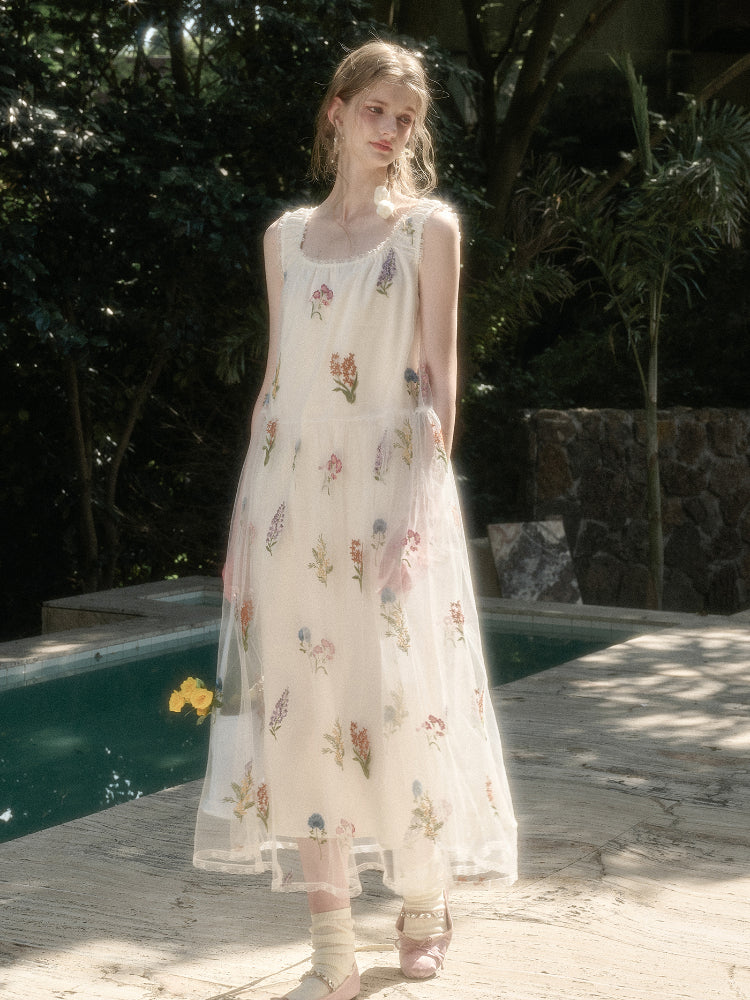 Gauze Flower Embroidered Double - Layer Sundress