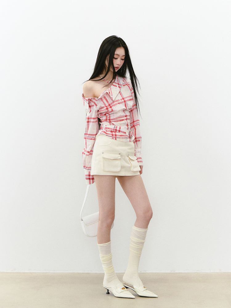 Off-Shoulder Pleated Waist Belt Short Shirt