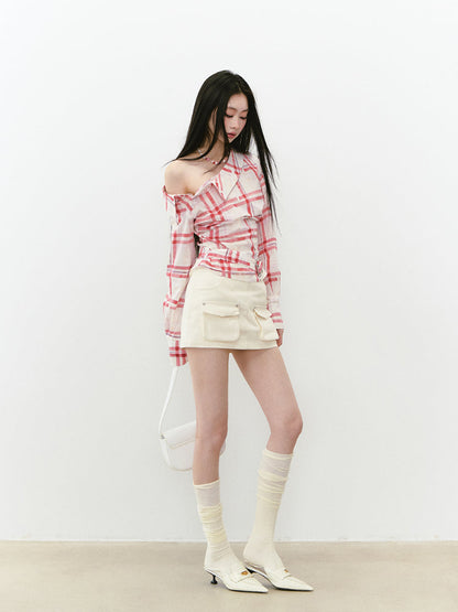 Off-Shoulder Pleated Waist Belt Short Shirt