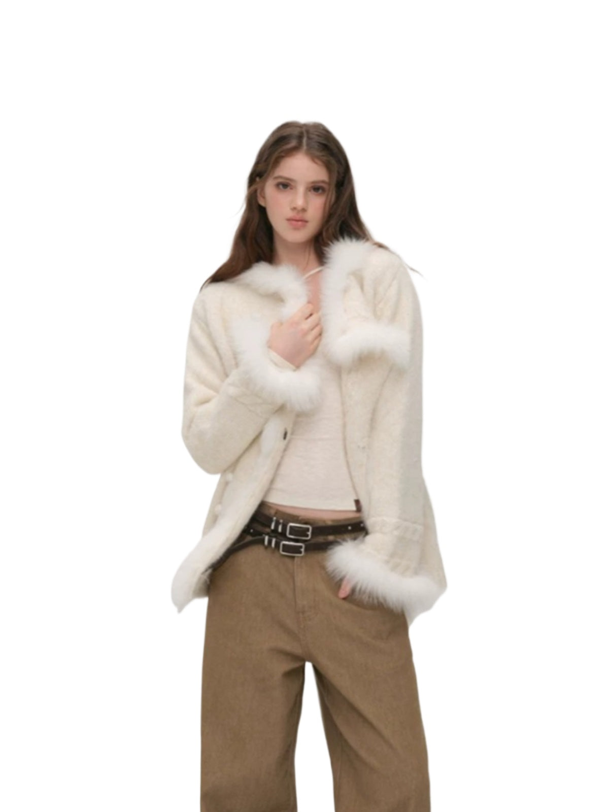 Fox Fur Trim Knit Coat