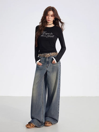 Faux-Layered Rhinestone Letter Fitted T-Shirt