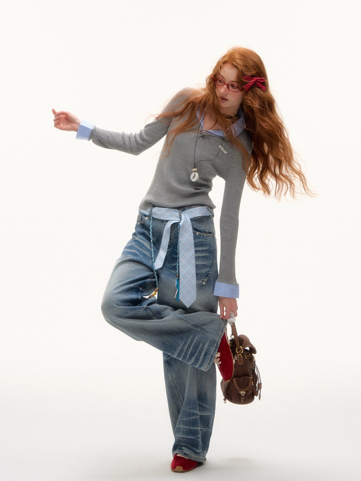 Blue &amp; Gray Striped Knit Lapel Sweater