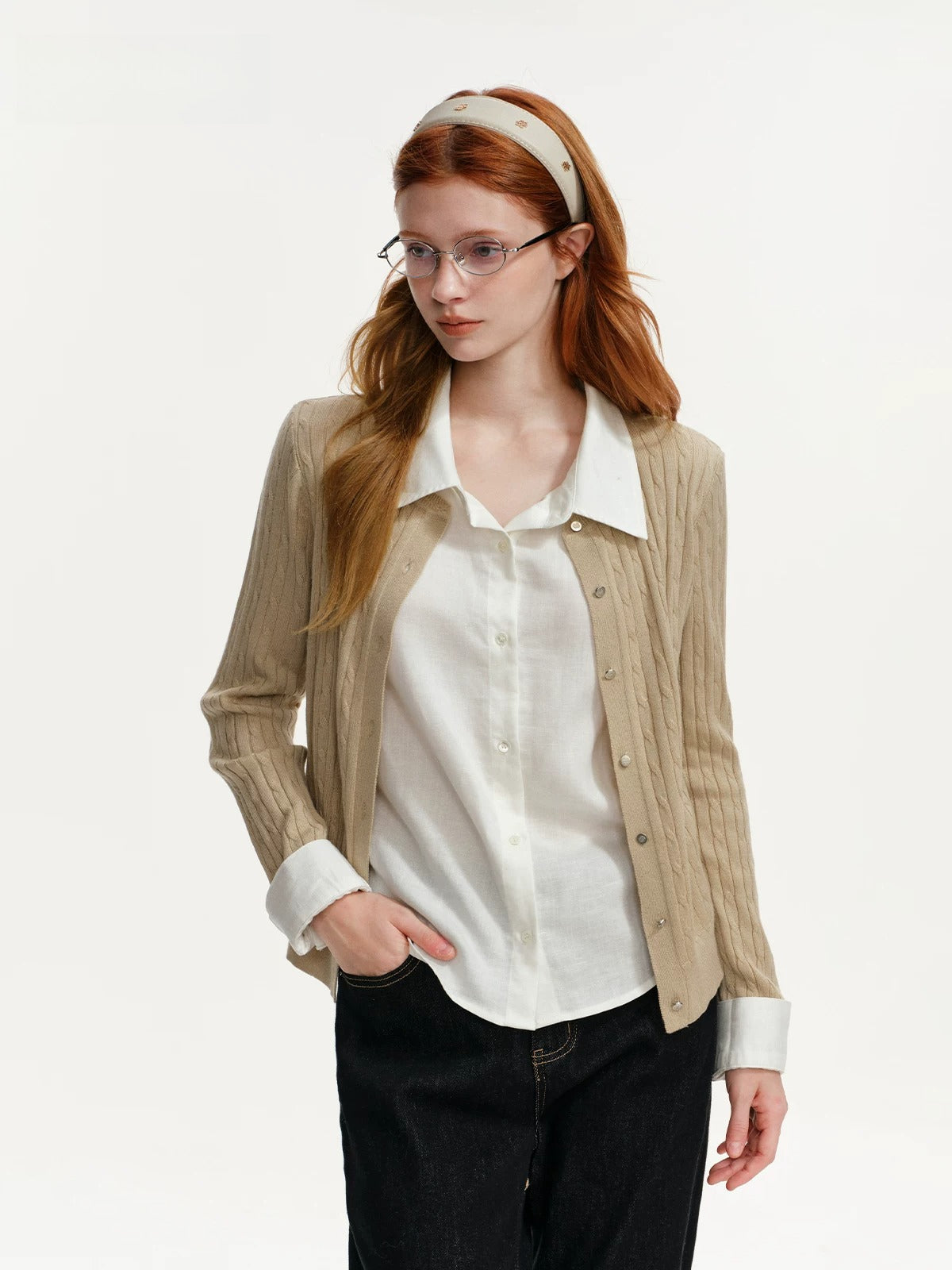 Cable Knit Layered Shirt Cardigan