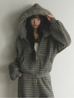 Striped Faux Fur Hooded Zip Cardigan