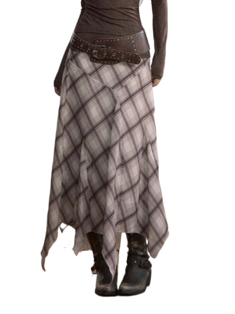 Plaid Irregular Hem Midi Skirt