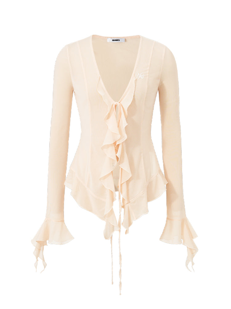 V-Neck Ruffle Mesh Overlay Top