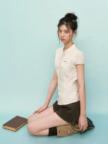 Apricot Plaid Tie-Neck Blouse