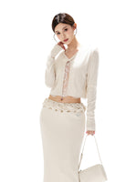 Apricot Lace Knit Blouse & Skirt Set