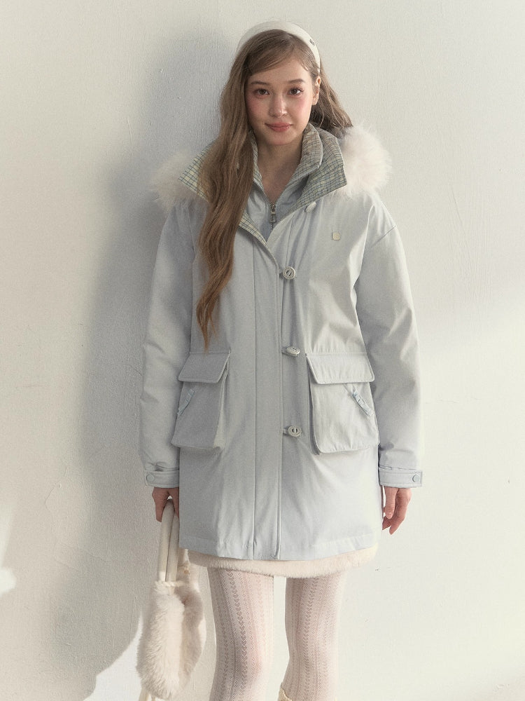 “Flowing Glacier” Patchwork Down Jacket with Fur Collar