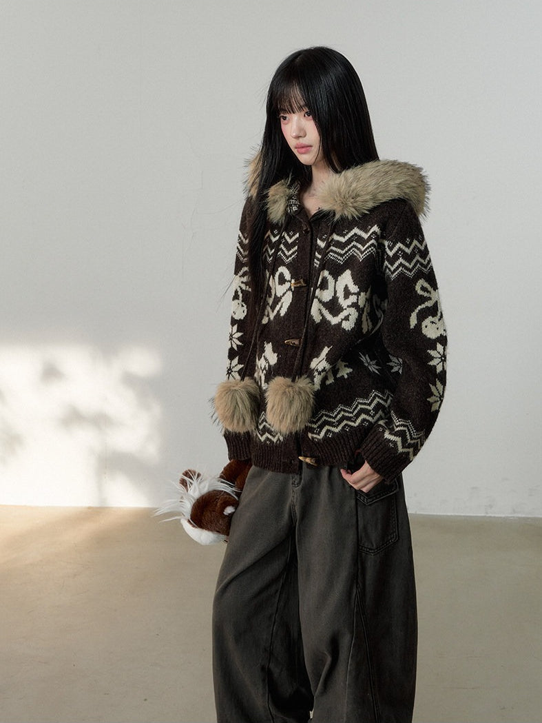 Fair Isle Fur Collar Toggle Knit Coat