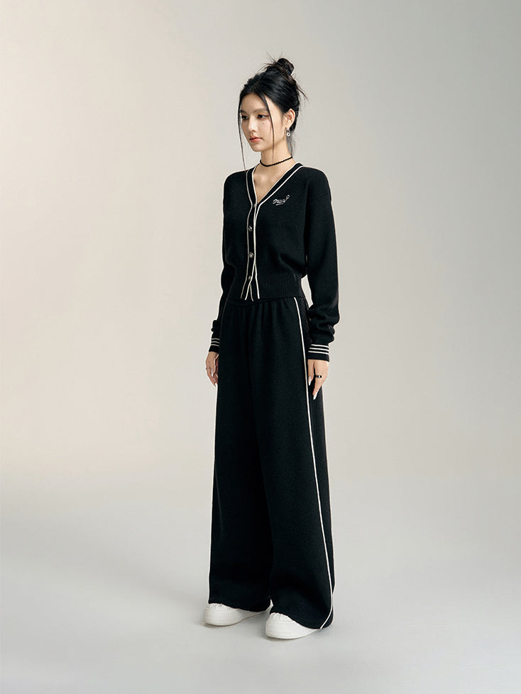 Black &amp; Off-white V-neck Knitted Cardigan Set