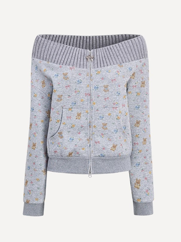 Floral Bear Bunny Off-Shoulder Sweatshirt &amp; Pants Set
