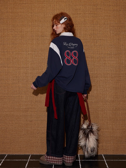 Contrast Collar Embroidered Drawstring Sweatshirt
