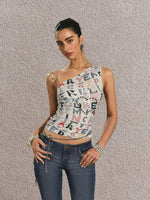 Vintage Print One-Shoulder Crop Top