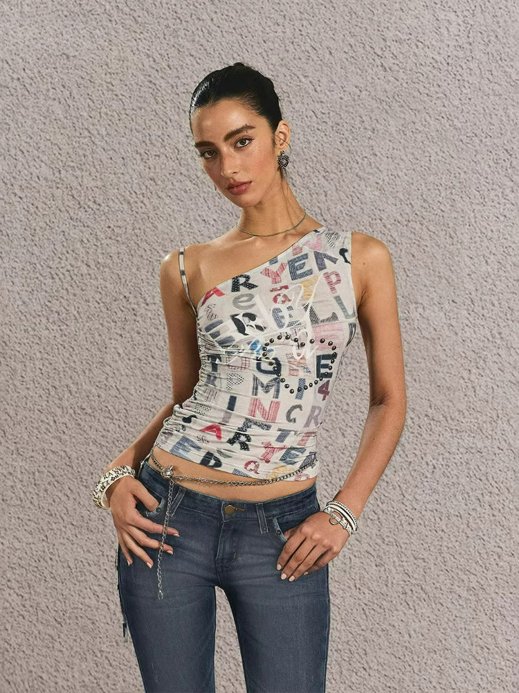 Vintage Print One-Shoulder Crop Top