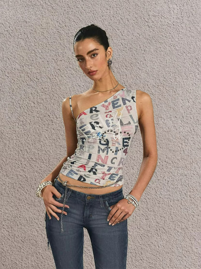 Vintage Print One-Shoulder Crop Top