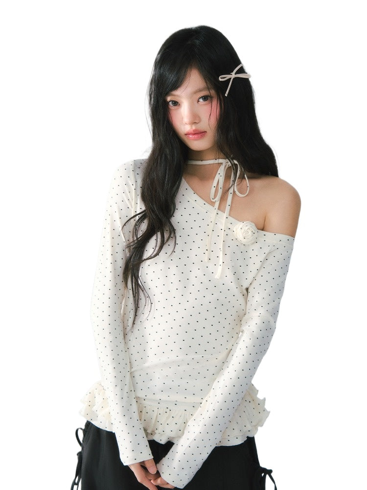 Polka Dot Ruffle One-Shoulder Top