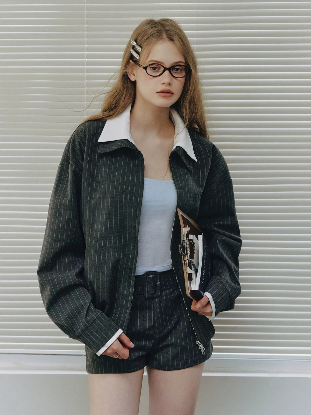 Spliced Jacket &amp; Striped Suit Shorts Set