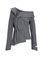 Asymmetric Plaid Off-Shoulder Shirt