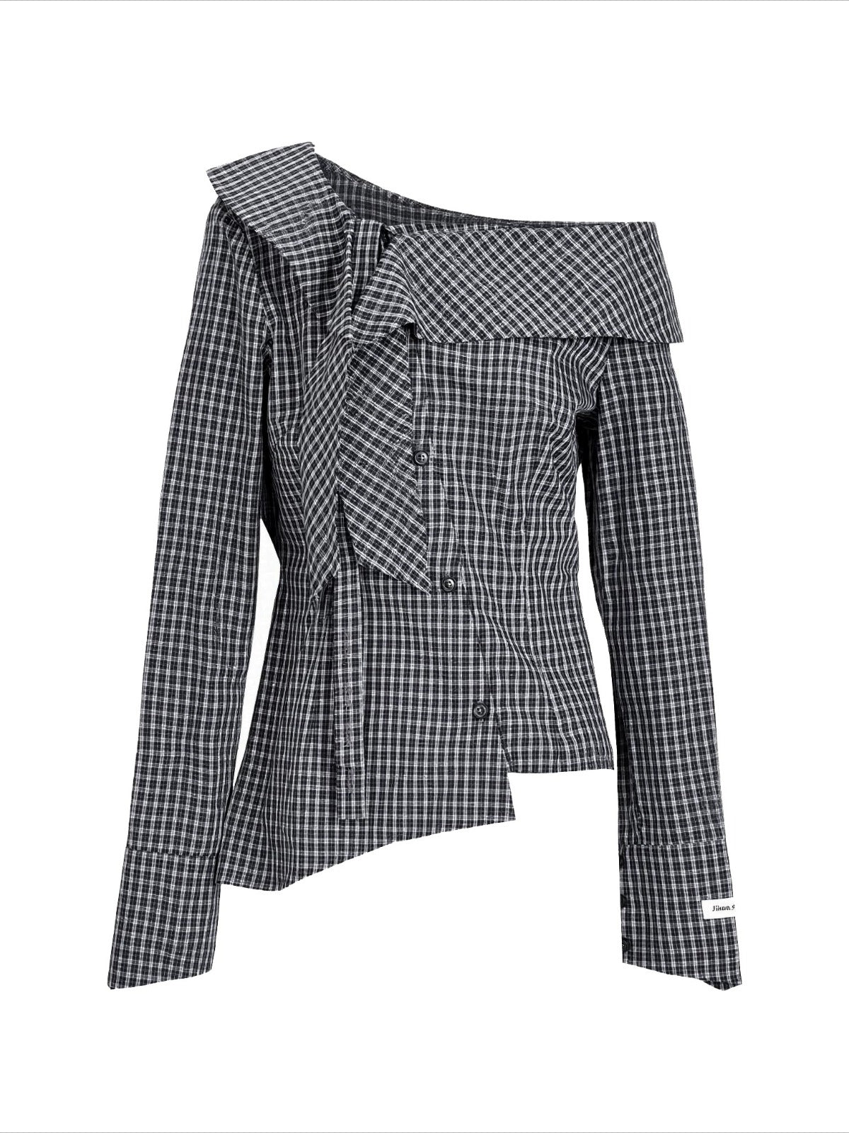 Asymmetric Plaid Off-Shoulder Shirt