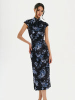 Black Floral Velvet Split Qipao Dress