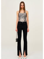 Rivet Biker Zipper Elastic Split Flare Jeans