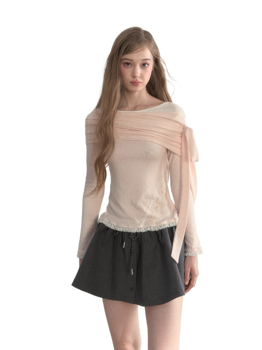 “Ribbon Shoulder” Off-Shoulder Knit Top