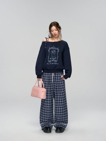 Navy Lace-Trim Plaid Pants