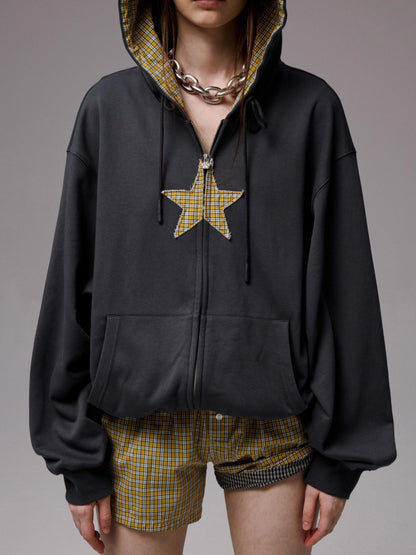 Oversized Star Panel Balloon Hem Hoodie