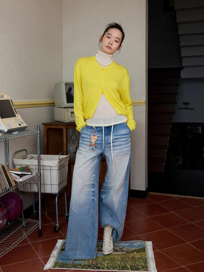 Solid Balloon Hem Wool Cardigan