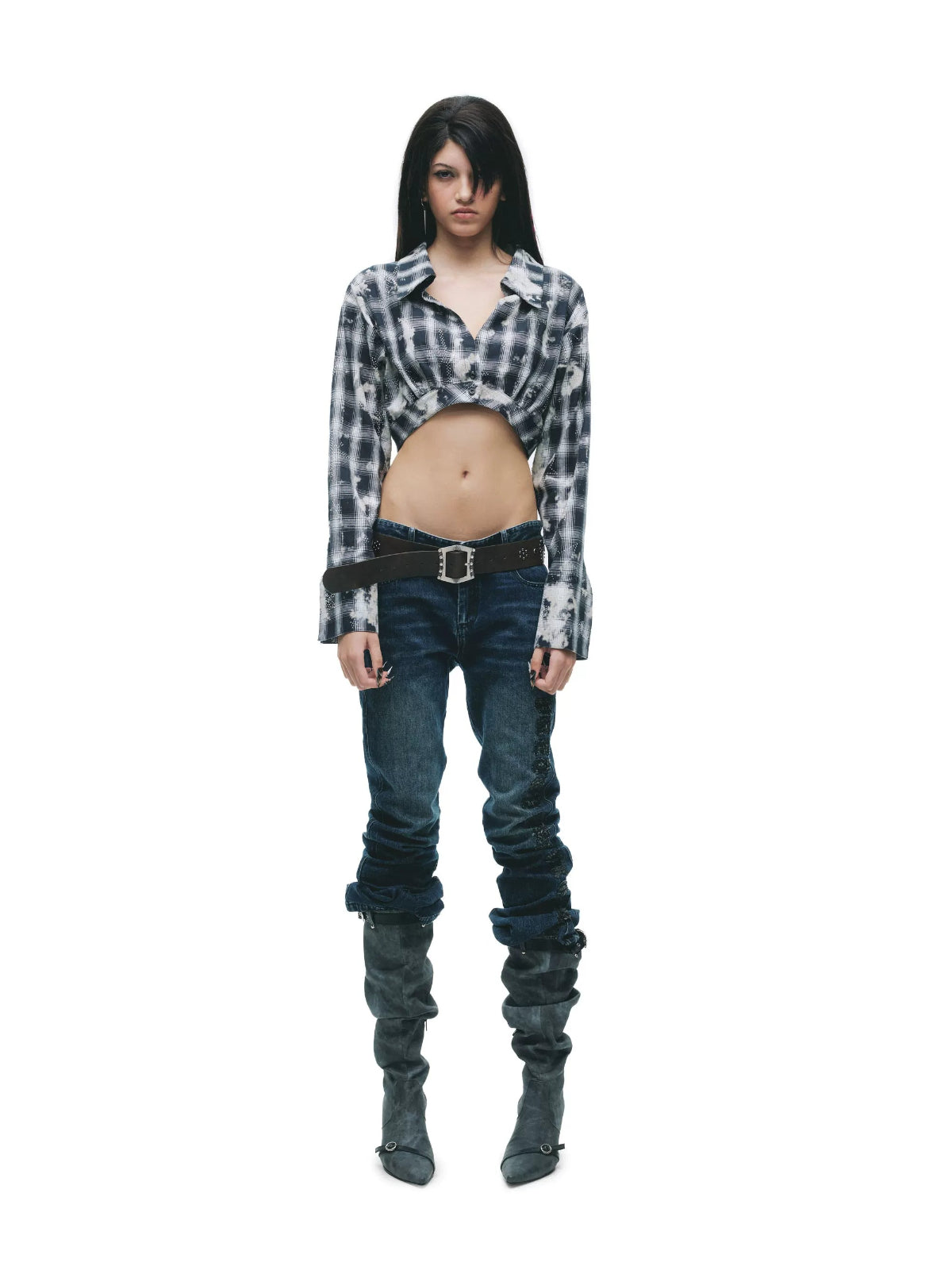 Distressed Plaid Bow Sleeve Shirt